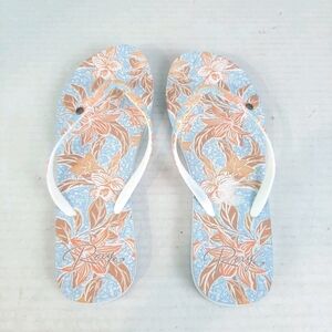 🔥Roxy Portofino III Blue Orange Floral Sandals Flip Flops Ladies Size 7/8